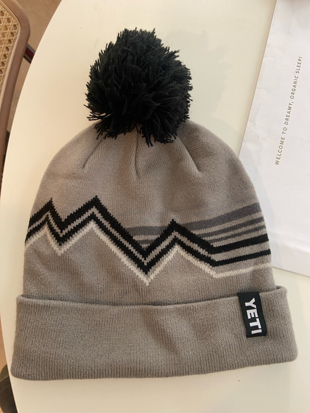 Yeti Gray Beanie with Black Pom and Zigzag Accent